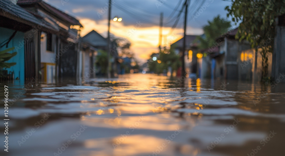 Obraz premium Rising water levels have submerged the street in a village, creating challenges for local residents. As sunset approaches, reflections shimmer on the water's surface.