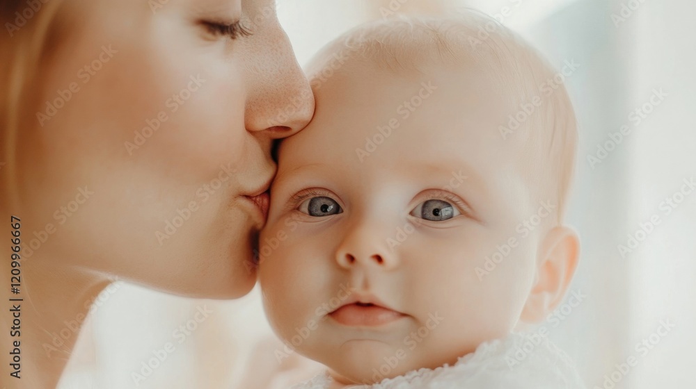 A mother shares a tender moment with her baby, kissing the child's cheek in a well-lit home, creating a loving atmosphere A mother shares a tender moment with her baby, kissing the child's cheek in a well-lit home, creating a loving atmosphere