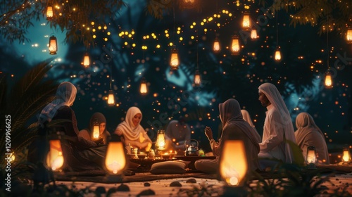 friends celebrating Ramadan outdoors with lanterns and glowing lights in a serene setting photo