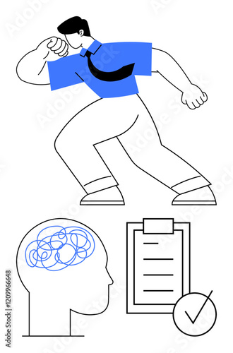 Man in motion clearing mental confusion with structured thinking, checklist, and decisive action. Ideal for focus, productivity, leadership, problem-solving, mental health, goal planning abstract