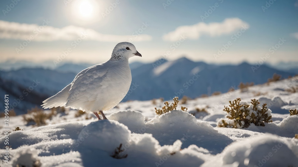 A white bird stands on snow-covered ground with mountains in the background under a bright sky. A white bird stands on snow-covered ground with mountains in the background under a bright sky.