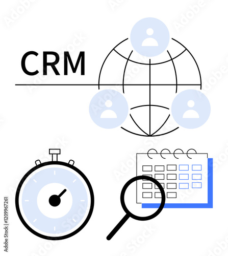 CRM text globe with user icons stopwatch magnifying glass, and calendar. Ideal for business, management, organization, planning, productivity, customer relationships. Line metaphor