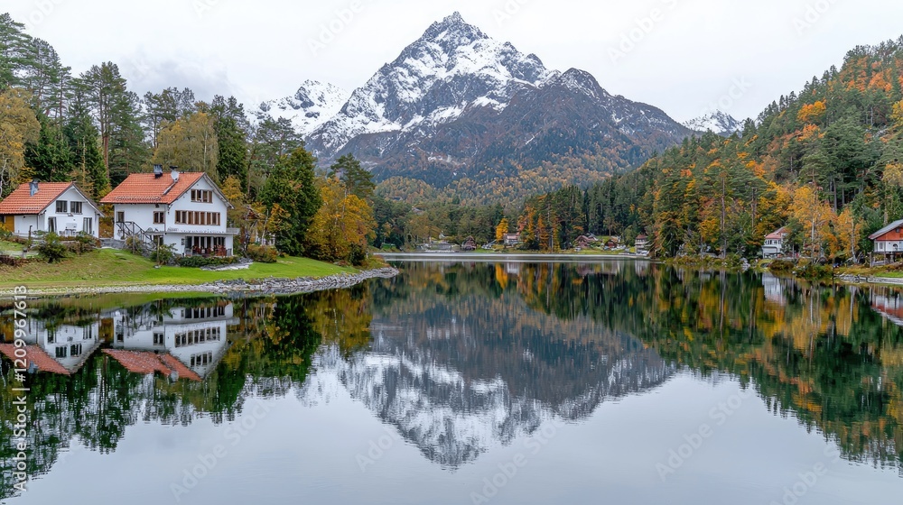 Autumnal mountain lake reflection houses. Ideal for travel brochures Autumnal mountain lake reflection houses. Ideal for travel brochures