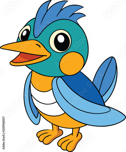 A happy cute animal kingfisher color outline