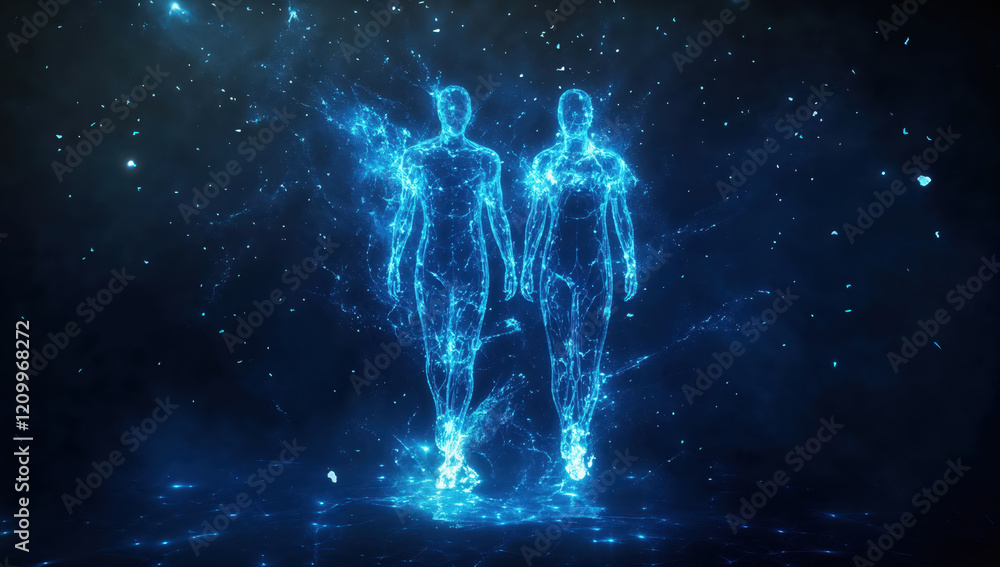 Fototapeta premium Two glowing figures walking in a dark digital world