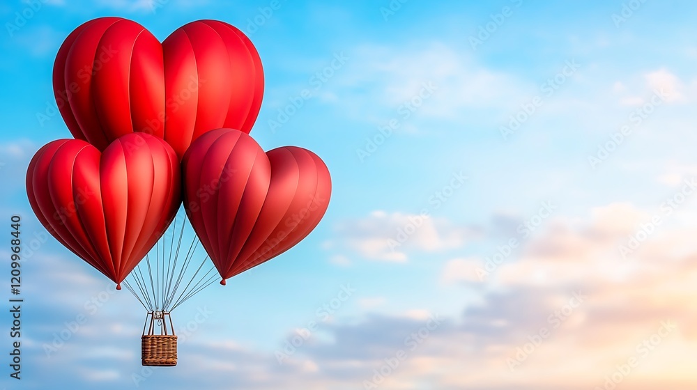 Fototapeta premium Romantic Hot Air Balloon Ride with Heart-Shaped Balloons in Sky
