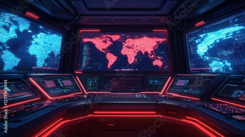Cybersecurity Threat Hunting Incident Response concept. Futuristic Cybersecurity Office with Glowing Holographic Displays for Global Data Monitoring and Analysis