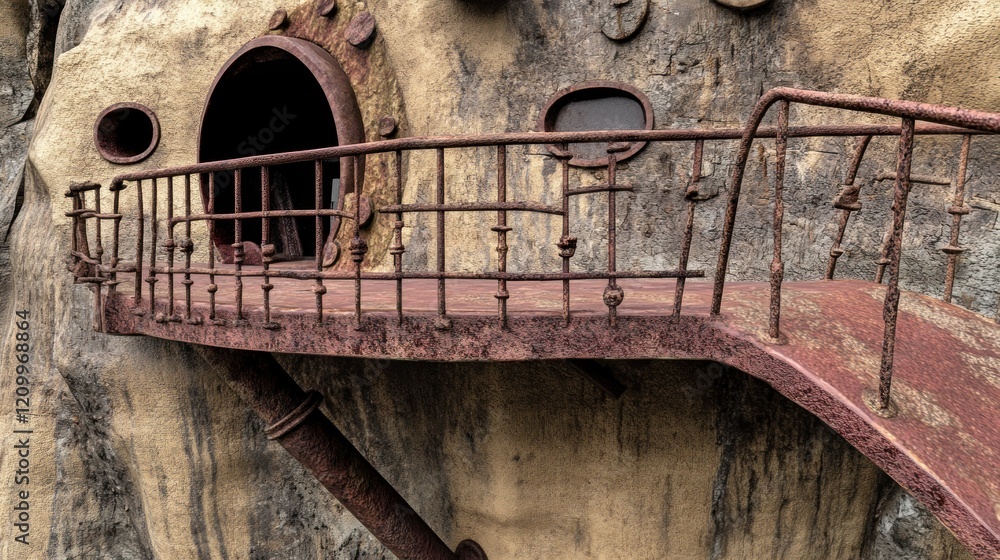 Obraz premium Rusty bridge leading to cave house, fantasy setting, architectural detail