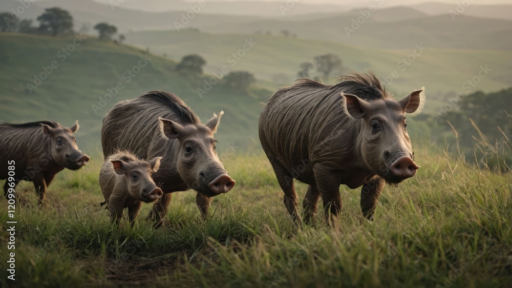 A group of wild boars grazing in a lush green landscape during sunset. A group of wild boars grazing in a lush green landscape during sunset.