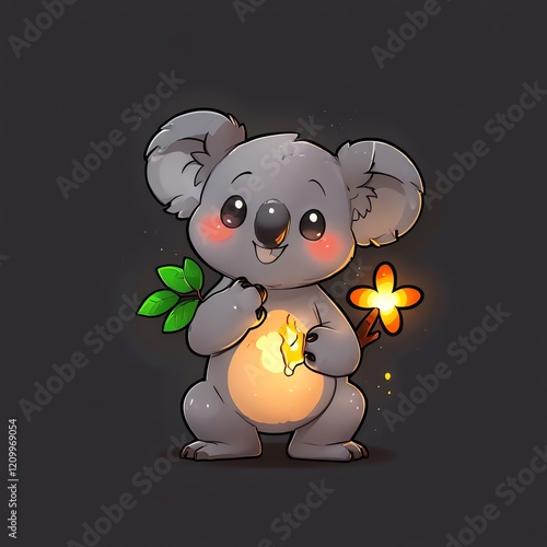 Adorable Koala Holding a Burning Branch, Cute Cartoon Illustration photo