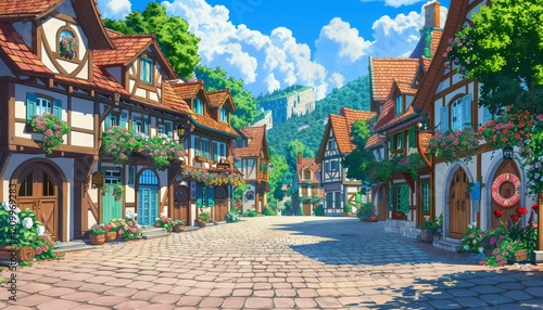 Fototapeta Naklejka Na Ścianę i Meble -  A charming, sunny street in a quaint European village, with cobblestone road, traditional houses with flowers, and a mountain in the distance.