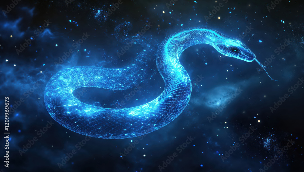 Glowing blue snake slithering through starry nebulae and cosmic dust Glowing blue snake slithering through starry nebulae and cosmic dust