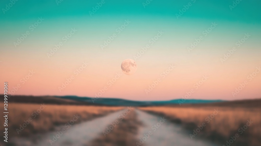 Bright full moon casts a serene glow over an expansive field at night, highlighting the tranquil landscape and clear horizon Bright full moon casts a serene glow over an expansive field at night, highlighting the tranquil landscape and clear horizon