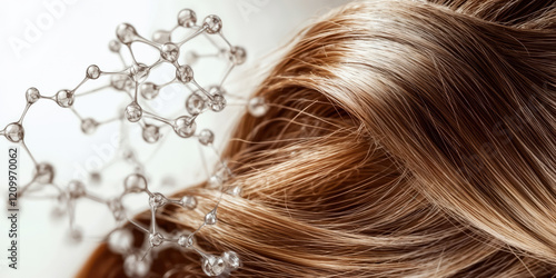 Hair care science: microscopic molecules interacting with blonde hair strands