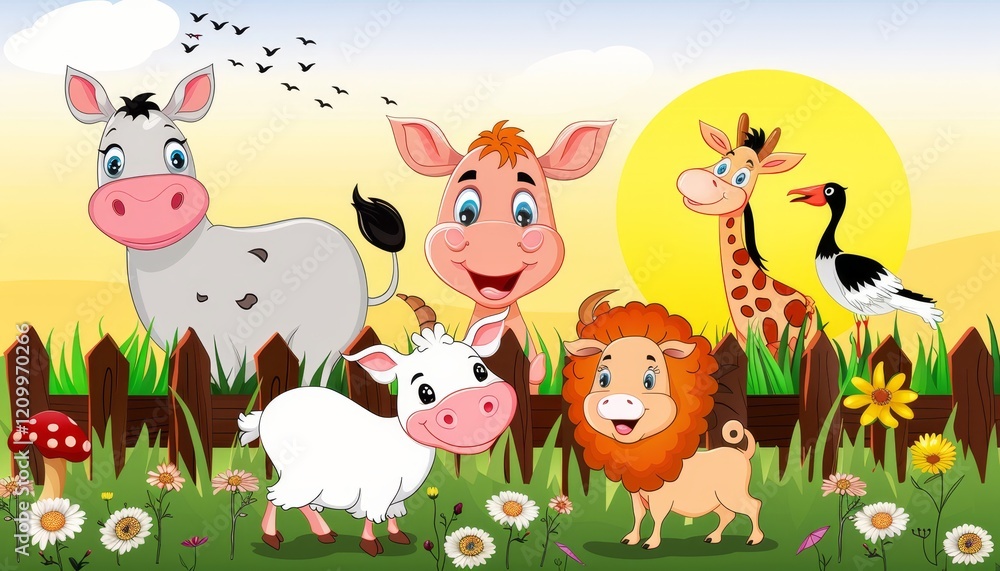 Naklejka premium A donkey, pig, giraffe, goose, goat and lion standing in a field near a wooden fence with a red mushroom, flowers and birds flying in the sky.