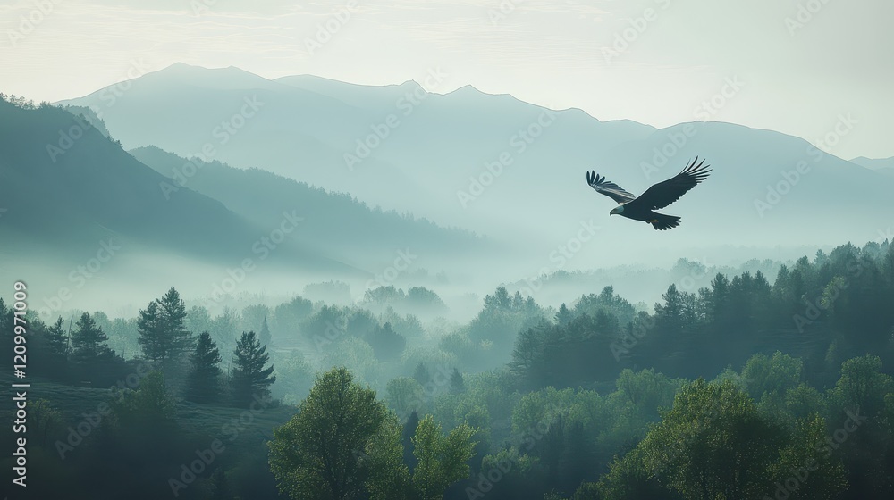 Fototapeta premium A majestic eagle glides effortlessly through the crisp morning air, soaring high above mist-covered mountains and vibrant, lush valleys bathed in soft sunlight