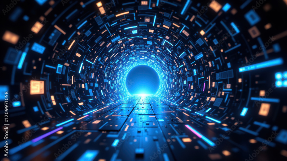 Fototapeta premium Futuristic tunnel with vibrant blue lights and digital display, representing AI technology.