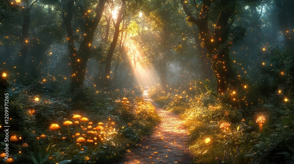 Enchanted forest pathway with mist and sunlight illuminating the vibrant foliage and glowing flowers in a magical woodland setting Enchanted forest pathway with mist and sunlight illuminating the vibrant foliage and glowing flowers in a magical woodland setting