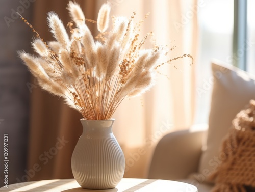 A minimalist ceramic vase holding dried flowers on a table, bathed in warm sunlight, evoking a cozy and serene home ambiance