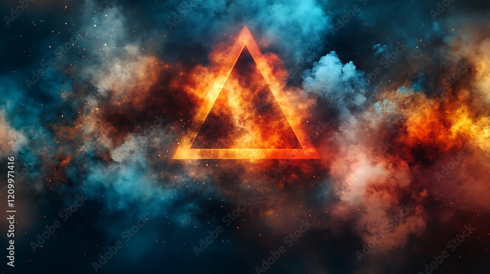 Fiery Triangle in Smoke: A fiery triangle shape glows intensely within a swirling vortex of vibrant blue and red smoke, creating a dramatic and surreal visual. Fiery Triangle in Smoke: A fiery triangle shape glows intensely within a swirling vortex of vibrant blue and red smoke, creating a dramatic and surreal visual.