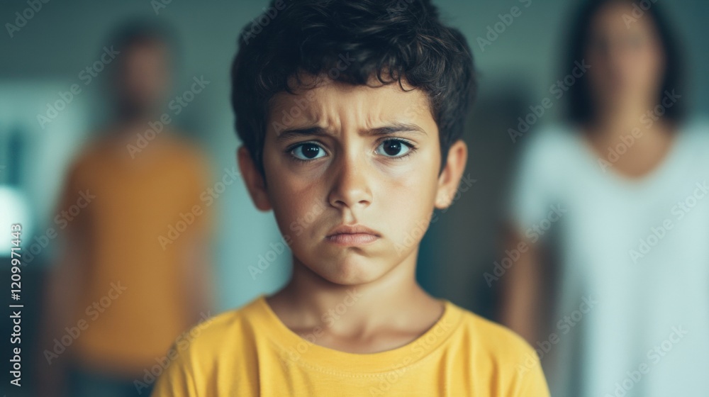 An upset child with curly hair looks serious as concerned parents stand in the background, creating a tense atmosphere in a dimly lit room An upset child with curly hair looks serious as concerned parents stand in the background, creating a tense atmosphere in a dimly lit room