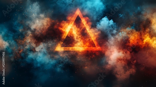 Fiery Triangle in Smoke: A fiery triangle shape glows intensely within a swirling vortex of vibrant blue and red smoke, creating a dramatic and surreal visual. photo