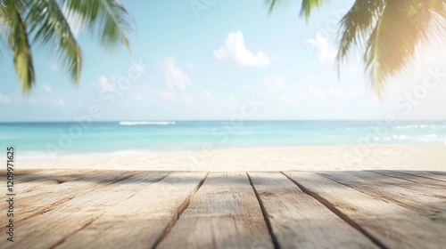 Enjoy a serene tropical beach view featuring a wooden deck overlooking the soft waves and lush palm trees under a clear blue sky