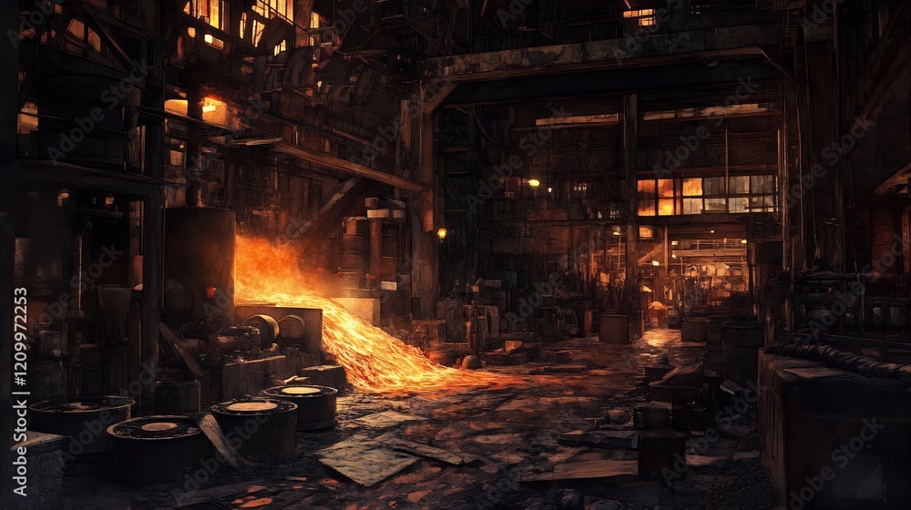 Molten Metal Flowing in Industrial Foundry Setting Molten Metal Flowing in Industrial Foundry Setting