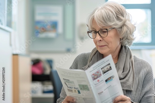 elderly woman wearing glasses, reading a brochure