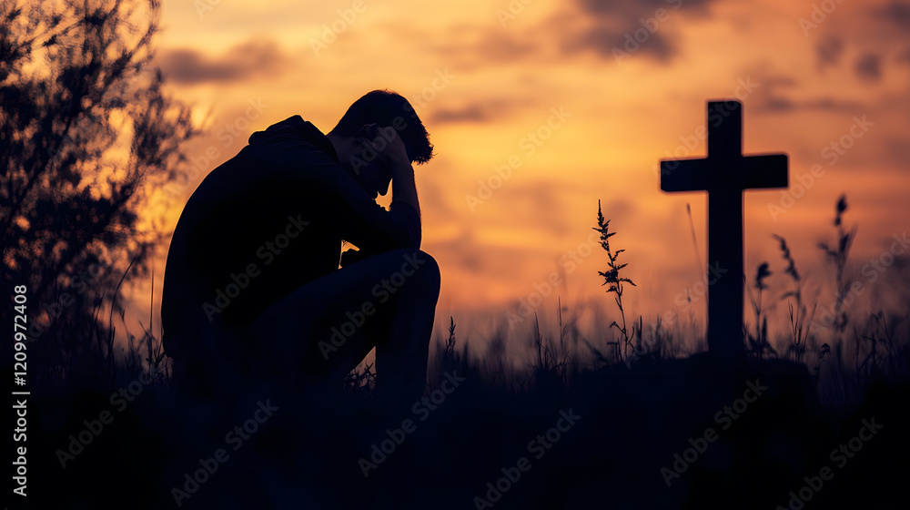 Grieving Silhouette by Cross Against Dramatic Sunset with Somber Sky : Generative AI