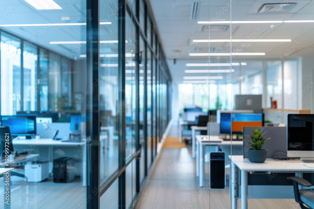high-tech office space with modern desks, large monitors and natural light high-tech office space with modern desks, large monitors and natural light