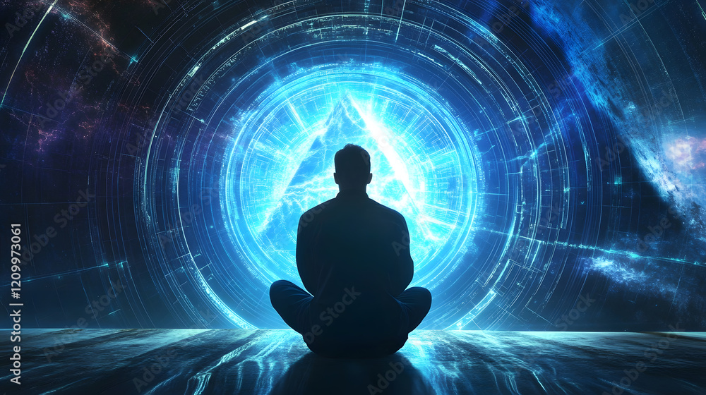 Silhouette of Meditation in Front of Digital Portal with Mystical Blue Light Effects and Energy Patterns : Generative AI