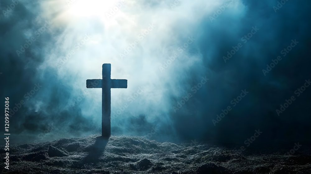 Fototapeta premium Dramatic Cross Silhouette in Misty Forest with Majestic Sky Background : Generative AI