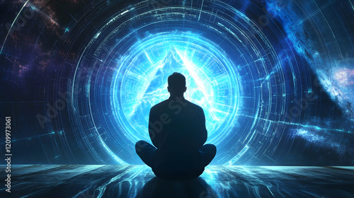 Obraz na płótnie Silhouette of Meditation in Front of Digital Portal with Mystical Blue Light Effects and Energy Patterns : Generative AI w salonie