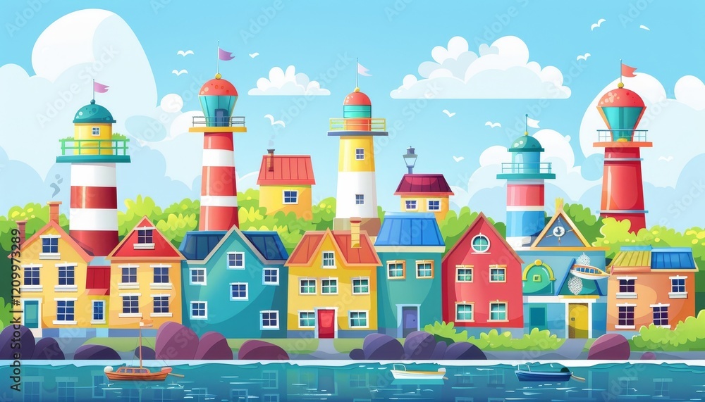 Naklejka premium A colorful cartoon illustration of a seaside town with multiple lighthouses, houses, and boats in the foreground.