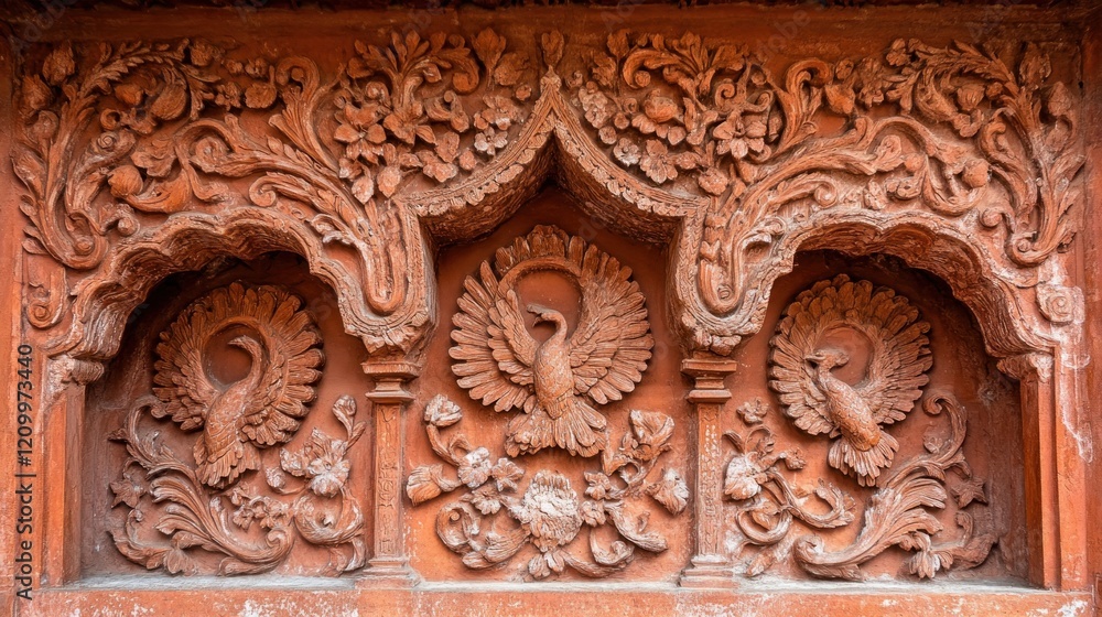 Obraz premium Intricate terracotta bird carvings adorn ancient temple facade
