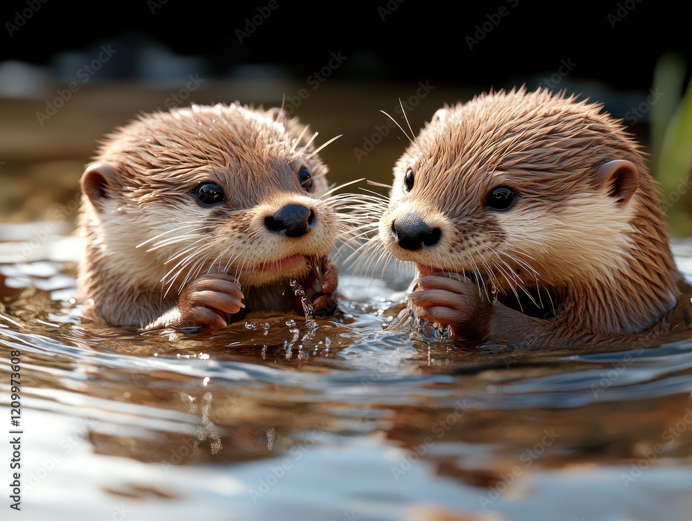 Fototapeta premium Playful Otter Duo in a Thriving Wetland Ecosystem A Stunning Wildlife Scene Showcasing Ecological Interdependence, Emphasizing the Importance of Wildlife Preservation and Habitat Protection for