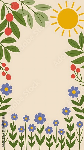 Elegant floral illustration for business use featuring sun, berries, leaves, and blue flowers with space for text photo