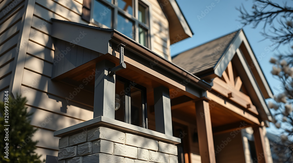 Fototapeta premium Modern House Exterior: Architectural Design, Brick, Wood, and Stone Details