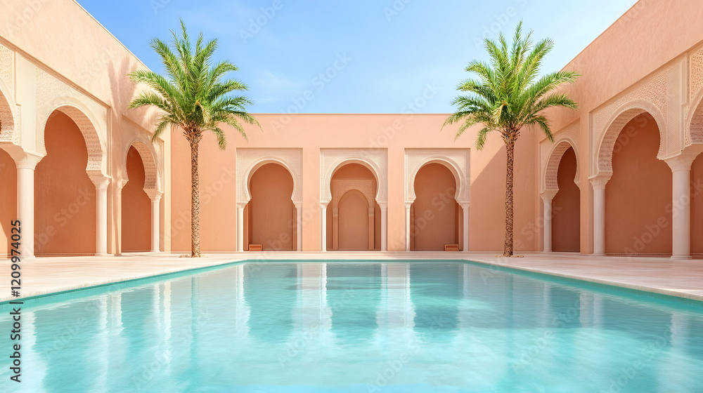 Person sitting and chilling during sightseeing. Enjoying Bahia Palace in Morocco, Marrakech. Palm trees and blue skies. Person sitting and chilling during sightseeing. Enjoying Bahia Palace in Morocco, Marrakech. Palm trees and blue skies.