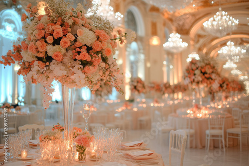 Elegant ballroom wedding reception with lavish floral centerpieces and ambient lighting