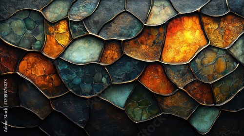 Abstract stone mosaic texture; fiery hues, dark background; design element