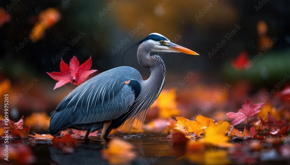 Naklejka premium Vibrant Autumn Wetland A Great Blue Heron's Silent Hunt Amidst Colorful Plants and Still Waters, Reflecting Nature's Serene Harmony A Stunning Display of Wildlife Photography Capturing the Peaceful