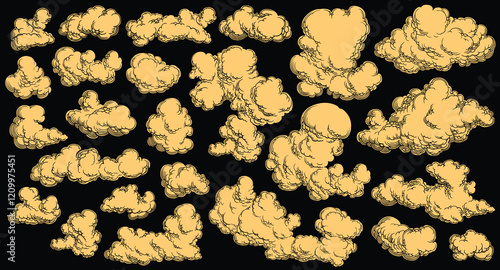 Heavenly Clouds. Design set. Editable hand drawn illustration. Vector vintage engraving. Isolated on black background. 8 EPS