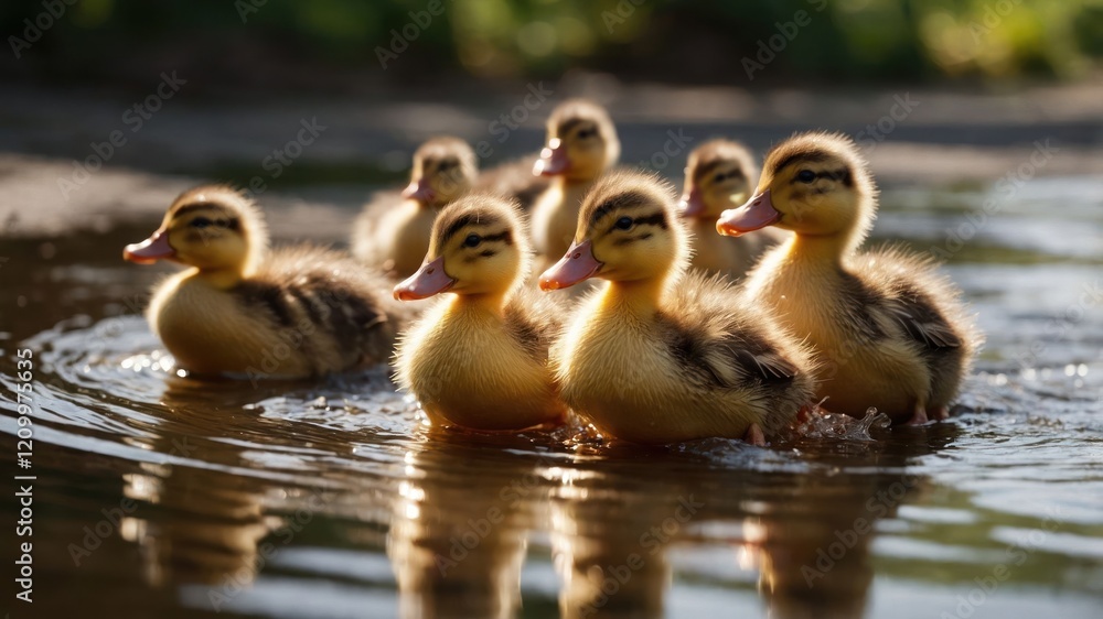 Fototapeta premium A group of ducklings swimming in a calm water setting, showcasing nature's beauty.