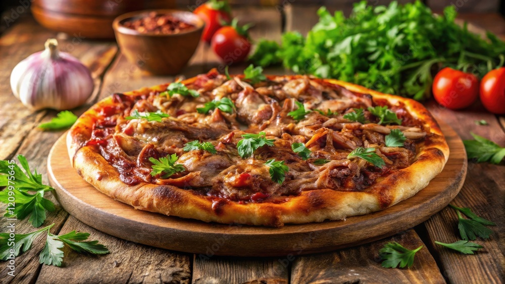 Savory Pulled Meat Pizza on Rustic Wooden Board with Fresh Herbs