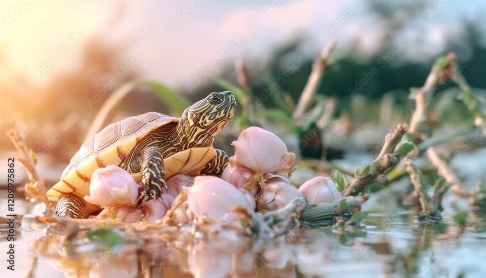Fototapeta premium Witness the incredible journey of turtles and reptiles during their vital wetland migration a captivating exploration of species survival and the challenges faced in their natural habitat These
