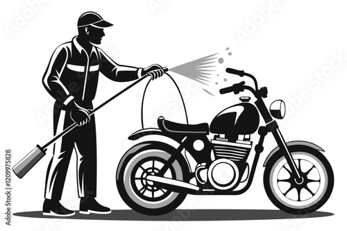 A black and white drawing of a man washing a motorcycle