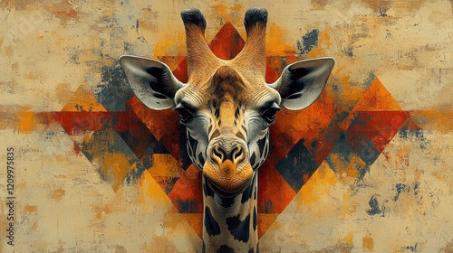 Giraffe portrait, geometric background, safari theme, art print photo