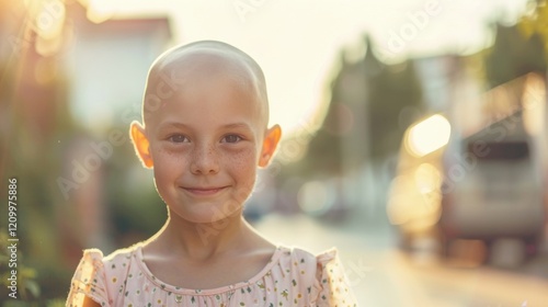 A bald little girl with a cheerful expression stands on a sunlit city street, embodying happiness against a vibrant backdrop